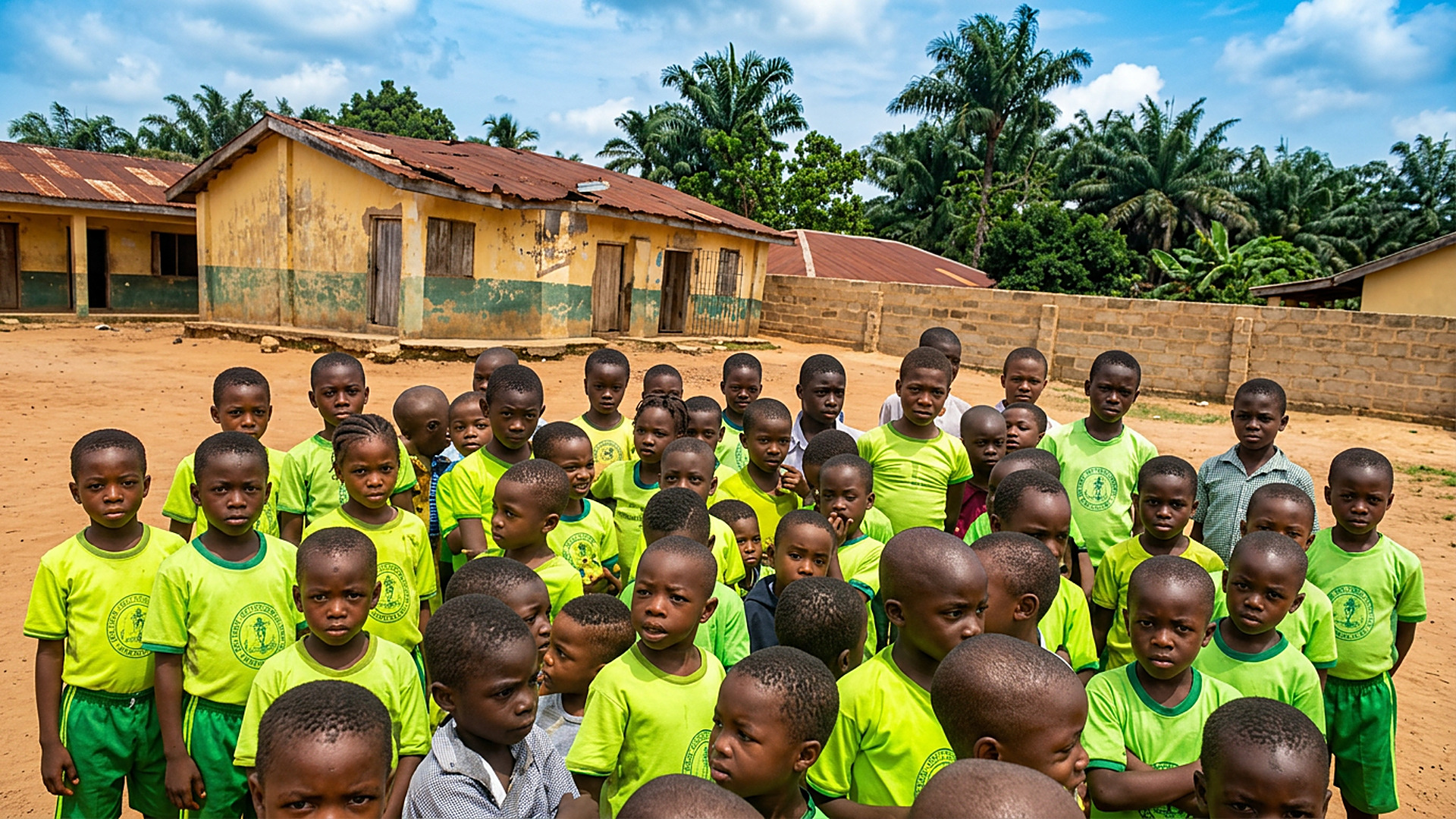 Pupils of Nsude Primary School gathered outdoors in green uniforms